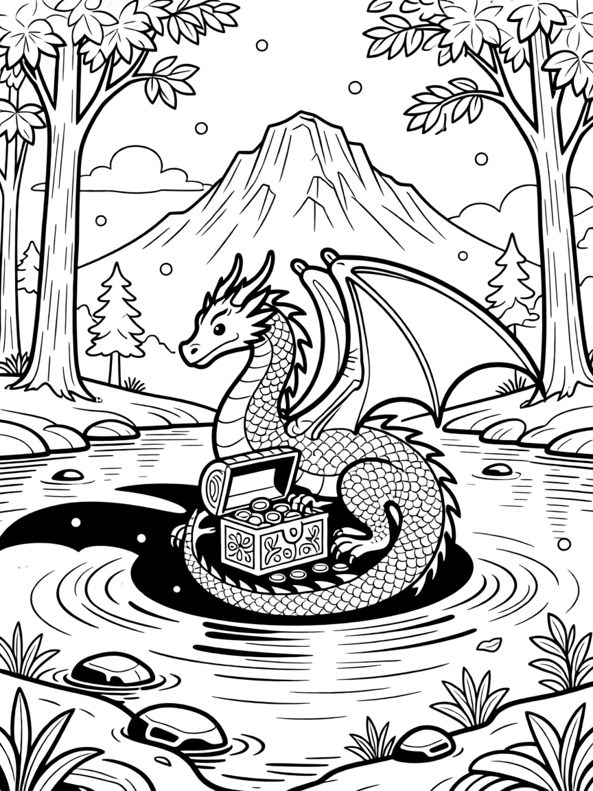[Dragons] a majestic winged dragon curling around a treasure chest over a glittering lake. In the background, clouds drift lazily past the mountaintop, adding extra fun to explore. Its wings cast a great shadow over the landscape. It all happens on a crisp autumn afternoon, with snow gently falling.