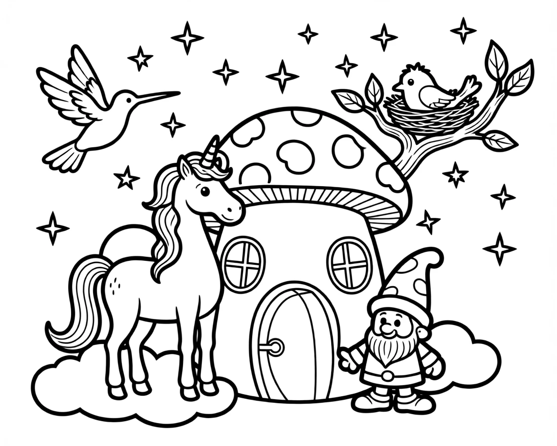 A tiny hummingbird is flying through fluffy clouds on a friendly unicorn inside a gnome's cozy mushroom-shaped cottage. Nearby, a tiny bird's nest tucked in a nearby branch and sparkling stars scattered across the sky complete the joyful scene.