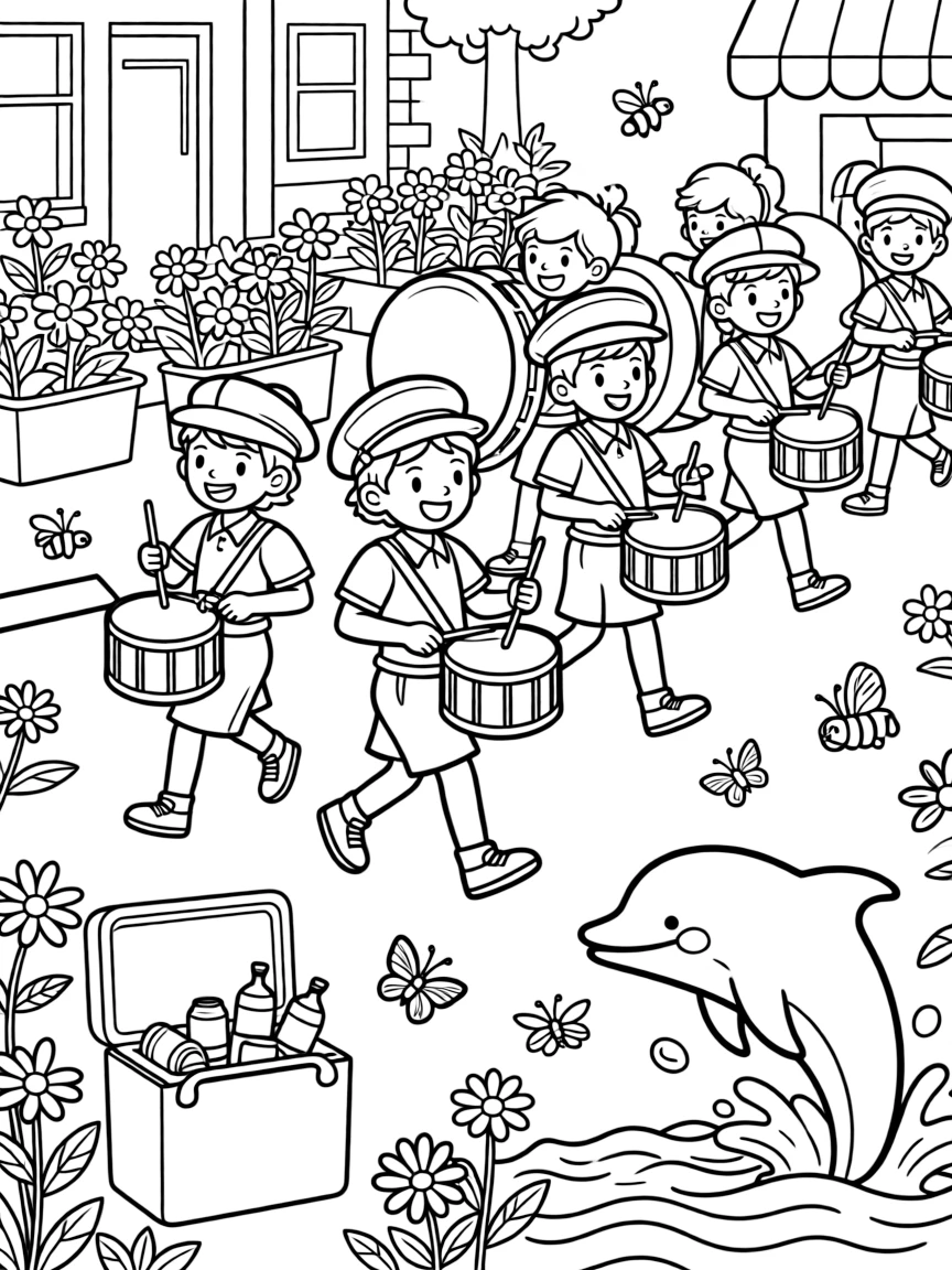 A drumline marching through a crowded street in a garden buzzing with bees and butterflies, with a cooler stocked with cold drinks and a friendly dolphin leaping from the waves nearby.