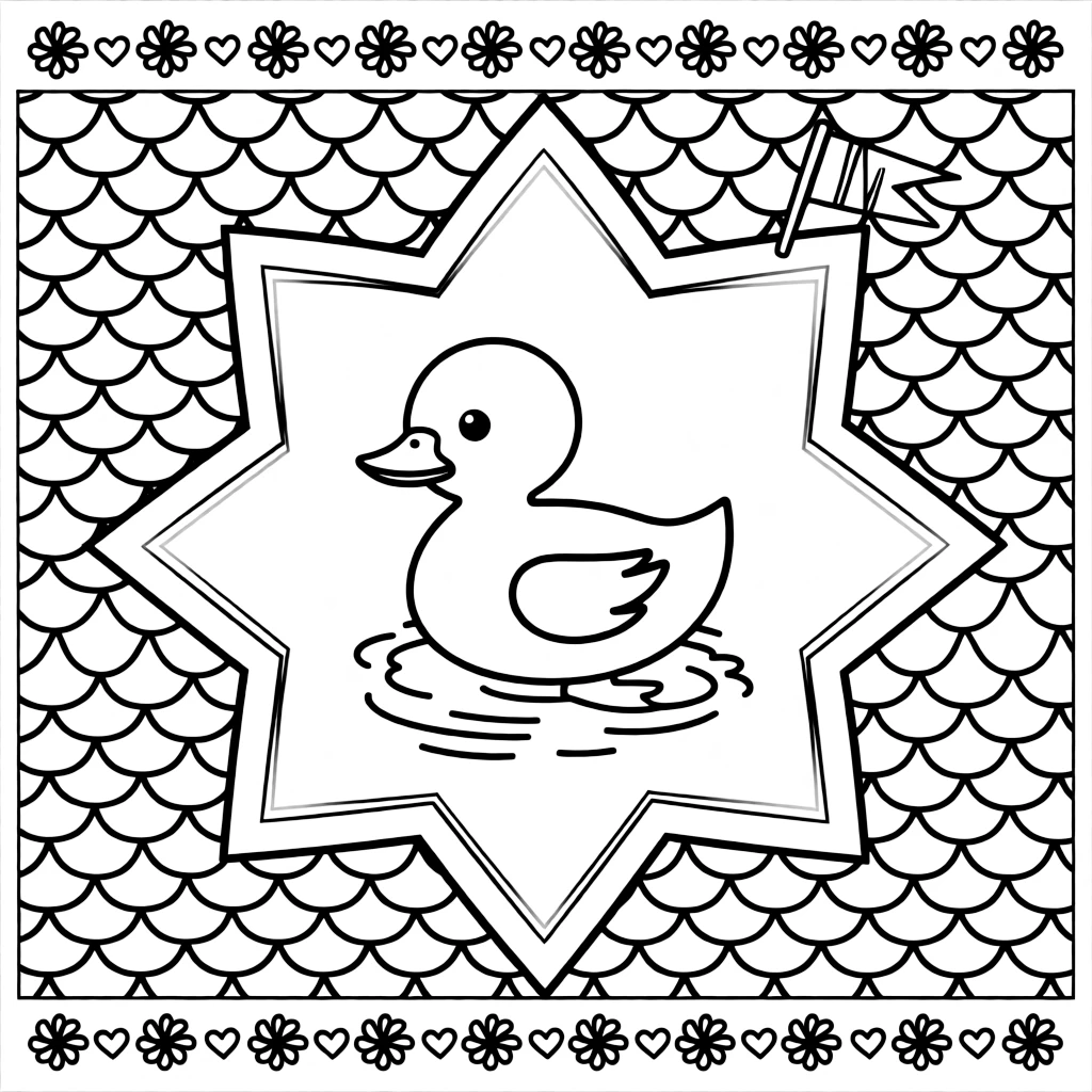 Farm Animals: The page presents a small themed scene built around a duckling paddling with tiny webbed feet, tied together by an eight-point star mandala framing the design. The scene is placed centrally within a scene bordered top and bottom by mirrored rows of smaller matching details. Decorative details fill the surrounding space, including tiny pinwheel stars, a chain of linked heart shapes, and overlapping fish-scale textures woven throughout the background. A playful extra touch completes the page: a small flag on a stick poking out from one side of the pattern.