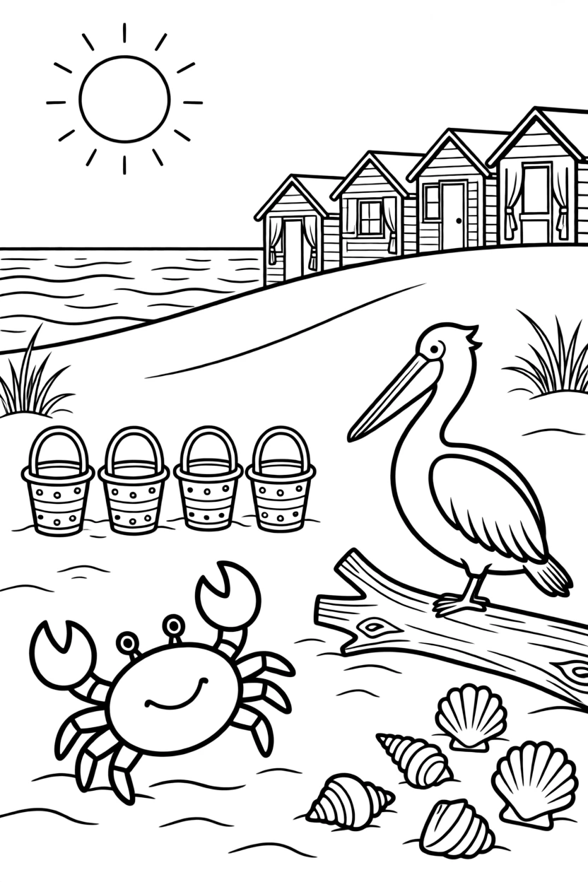 [Sandy Beaches] A friendly crab scuttles sideways across the sand, dodging a row of colorful beach buckets. A pelican perches on a weathered piece of driftwood near a cluster of seashells. A row of colorful beach huts lines the top of the dune, overlooking the sparkling sea. A warm breeze carries the scent of salt water beneath a bright midday sun.