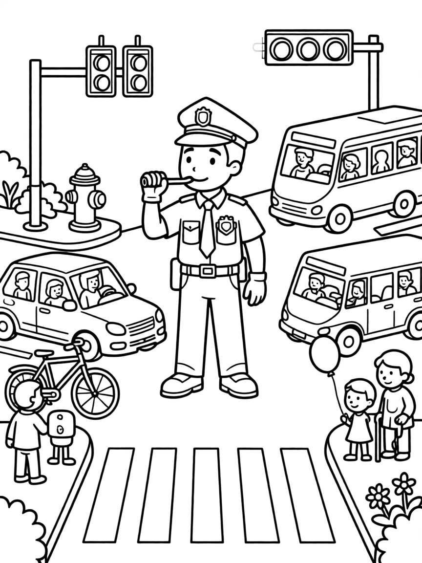 A police officer directs busy traffic at a downtown intersection with a whistle and gloves.