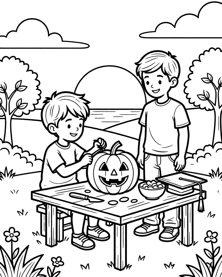 A little brother carving a jack-o-lantern during a graduation celebration with a stepbrother as the sun sets in orange and pink.