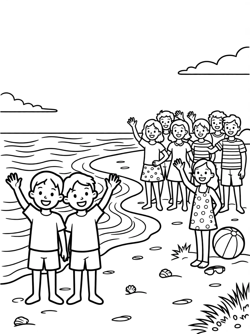 A pair of twin siblings, waving to friends on the shore after riding a wave all the way in.