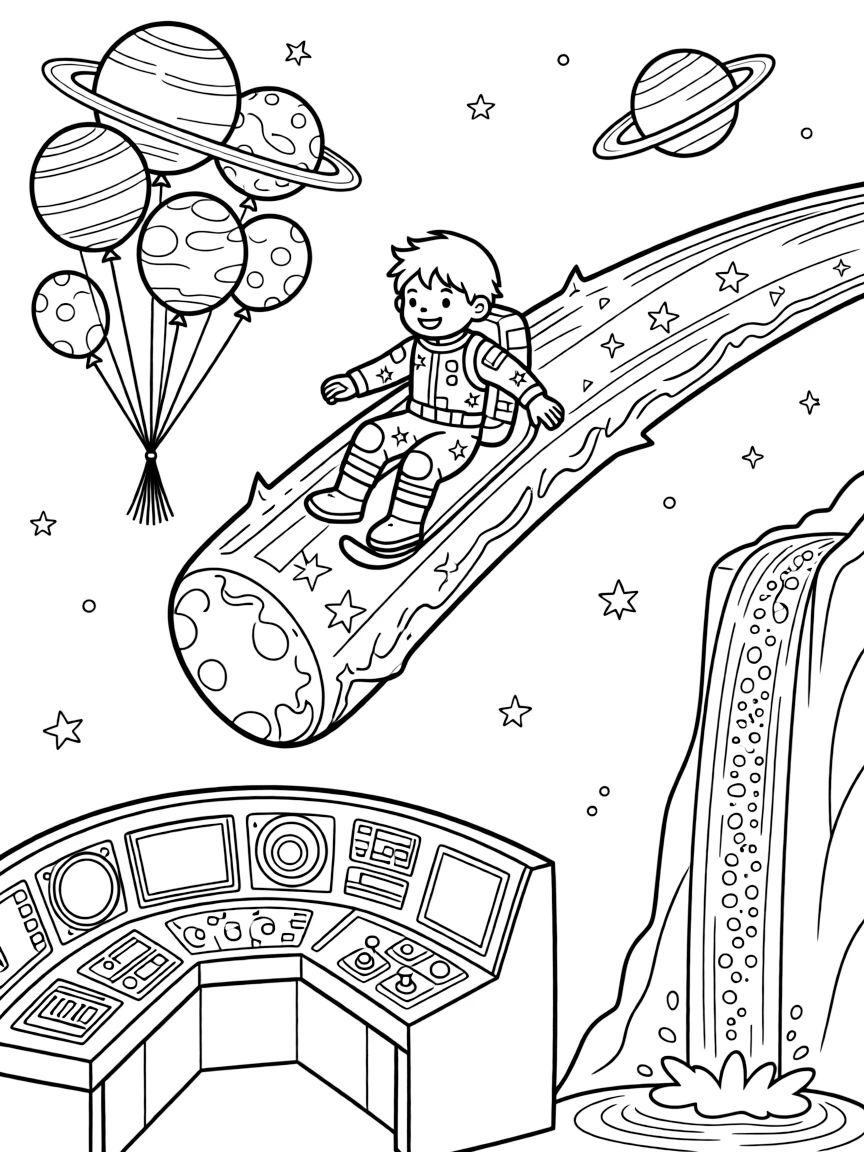 Space Ranger Circuit, a young space explorer in a starry spacesuit sledding down a comet's icy tail near a spaceship's bright control room full of blinking buttons and screens, surrounded by a cluster of balloons shaped like planets and a waterfall of sparkling light cascading down a cliff.
