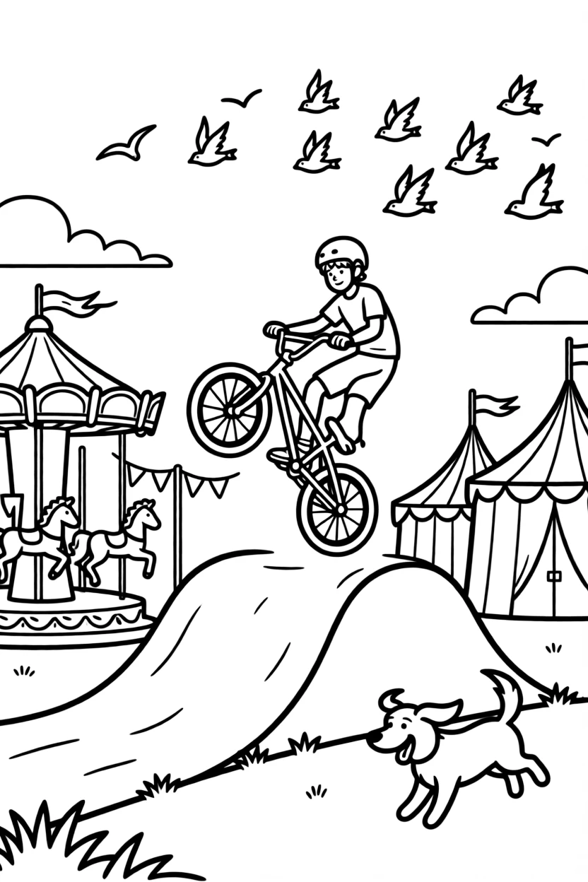 A BMX bike popping a wheelie over a dirt ramp takes center stage in a lively county fair with a carousel and ribbon-topped tents, where a friendly dog with its ears flapping in the wind can be seen nearby, surrounded by a flock of birds flying alongside in formation.