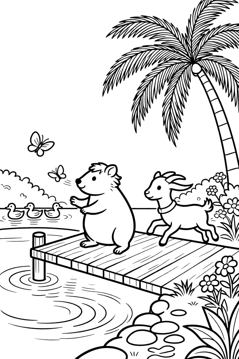 A wombat on a wooden dock over a pond, chasing butterflies through the garden with a goat kid, next to a tropical palm tree, with a family of ducklings following behind.