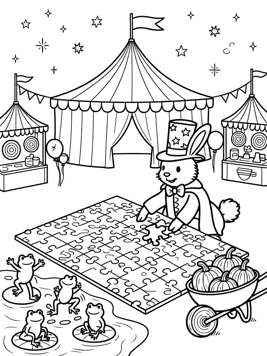 A goofy rabbit magician is putting together a puzzle as big as the floor at a county fair with games and a big striped tent, joined by a puddle full of jumping frogs and a wheelbarrow full of freshly picked pumpkins. Sparkles and stars fill the air with magic.