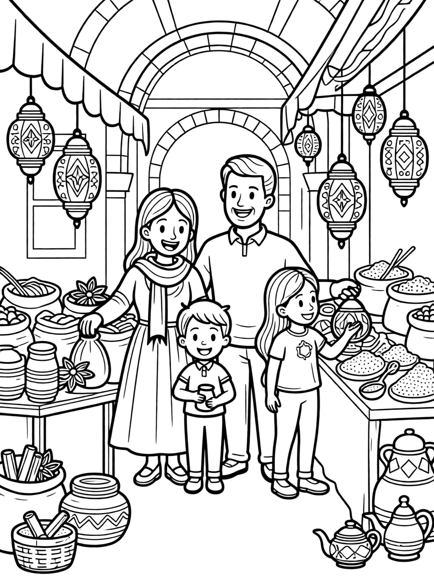 A coloring page of a heartwarming family scene in Turkey showing a family shopping for spices and lanterns in a covered bazaar, with everyone smiling and working together happily.