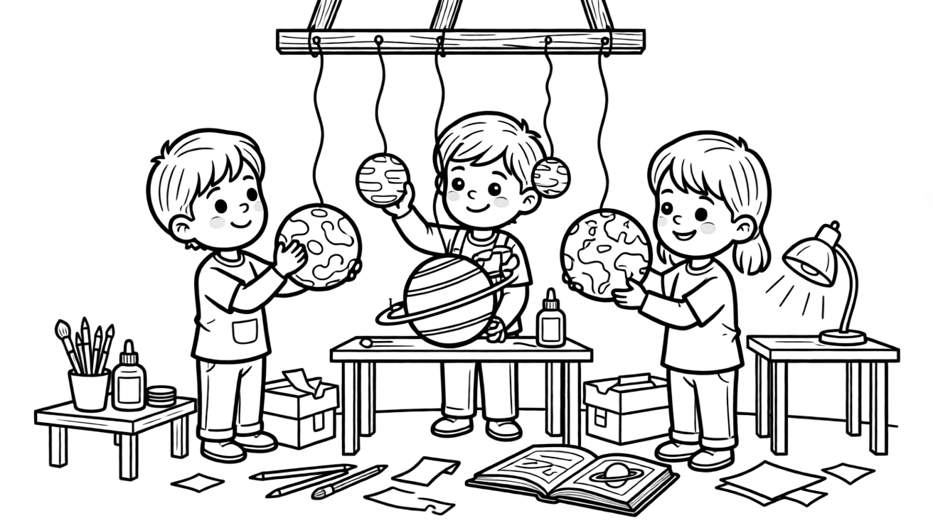 a thoughtful group of three kids builds a model solar system with painted foam balls hanging from strings.