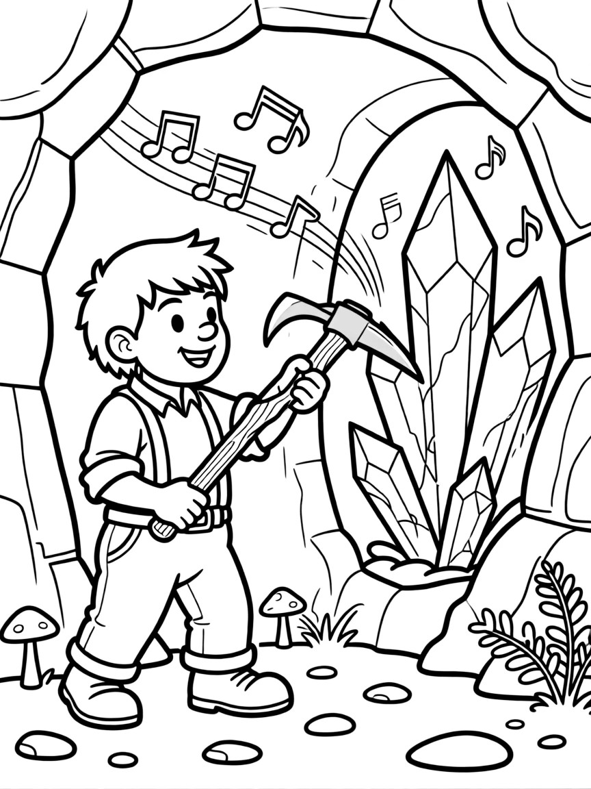 A dwarf miner's pickaxe strikes a hidden vein of singing crystal, filling the tunnel with a soft, musical hum.
