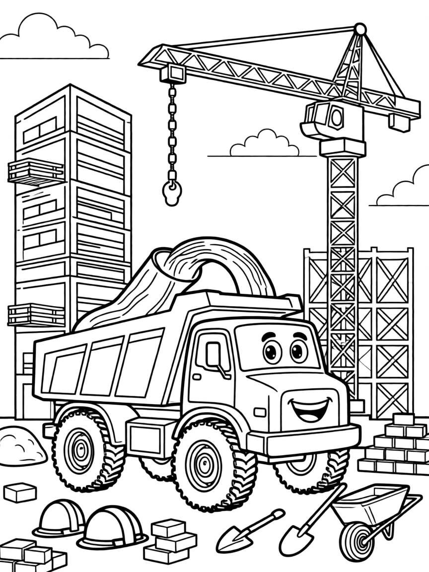 [Construction Vehicles] A dynamic scene shows a rugged dump truck pouring wet cement near a half-built skyscraper, laughing joyfully. Close by, a half-finished building frame rises behind. Chains and hooks dangle from the crane arm. The moment unfolds on a foggy morning, under clear blue skies, filled with energetic detail perfect for a young colorist.