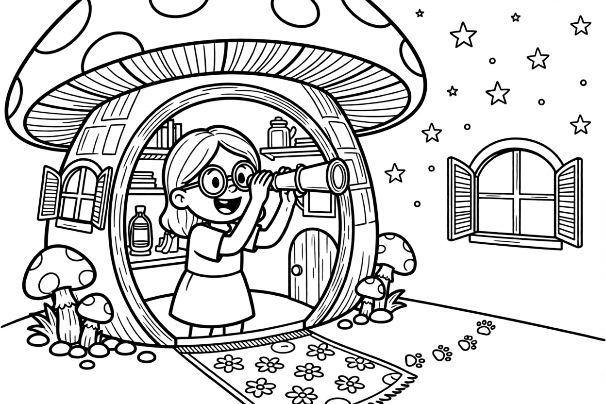 A girl with round glasses and a wide grin is stargazing through a small brass telescope inside a gnome's cozy mushroom-shaped cottage. Nearby, sparkling stars scattered across the sky and a trail of tiny paw prints leading away make the setting feel extra special.