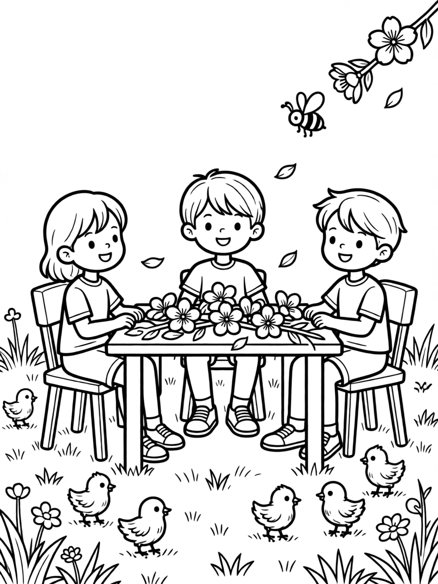 A group of three friends sitting beside a table decorated with peach blossoms on a farm with newly hatched chicks in the grass, with a bee buzzing near a blossom and a fuzzy baby chick scattered about.