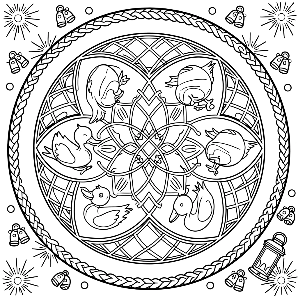 Farm Animals: The design turns a duckling paddling with tiny webbed feet into a kaleidoscope-style composition anchored by a diamond lattice mandala crossing over itself in a grid. The imagery is broken into repeating fragments that spin outward from the center in a kaleidoscope-style circle of matching wedges. Decorative details fill the surrounding space, including bands of braided rope shapes, rays fanning out like a small sunburst, and clusters of tiny bells woven throughout the background. A playful extra touch completes the page: a little lantern glowing softly in one corner of the pattern.