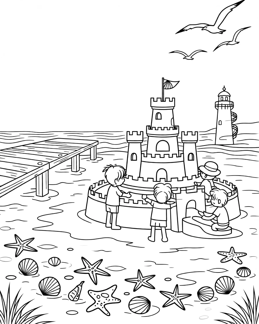[Sandy Beaches] A group of children build an elaborate sandcastle complete with towers, a moat, and a seashell flag. Seagulls circle overhead while starfish and shells are scattered across the wet sand. A wooden pier stretches out over the water, with a lighthouse visible in the distance. A warm breeze carries the scent of salt water beneath a bright midday sun.