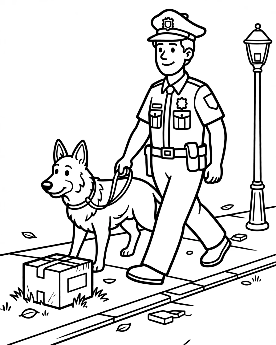 A K-9 police officer walks alongside a trained dog sniffing a suspicious package.