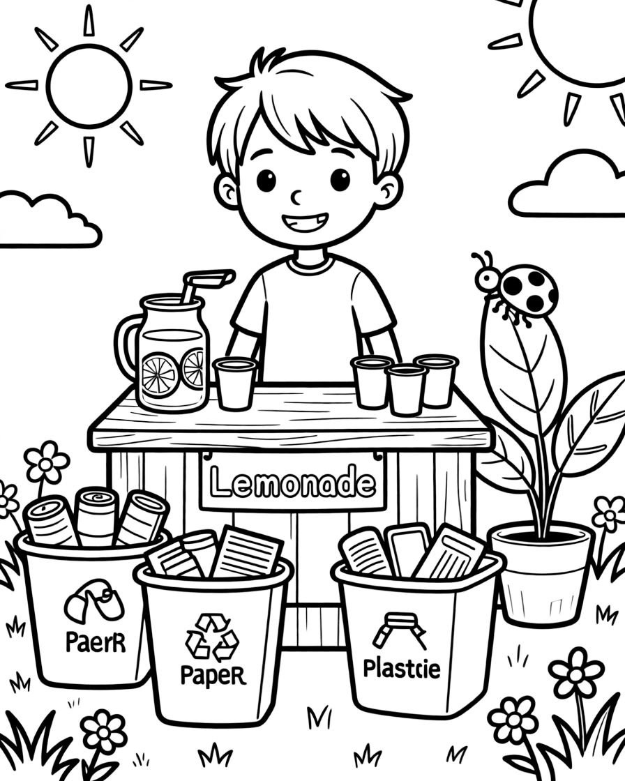 A boy with a missing front tooth selling homemade lemonade at a recycling drive as a ladybug crawls on a leaf.