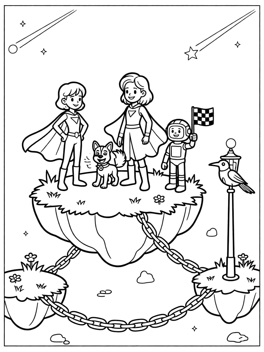 Twin superhero siblings Ruby (super-strong) and Cinder (light-bending) training a pet meteor-hound to fetch comet dust in a floating island chain connected by glowing rope bridges, as a friendly robot waving a checkered flag and a robotic bird perched on a lamp post fill the scene.