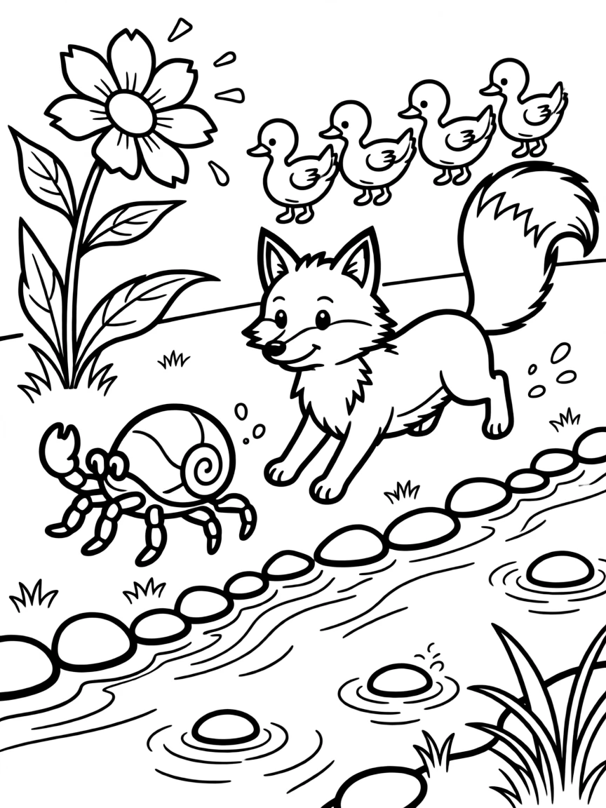 A hermit crab racing playfully alongside a arctic fox beside a bubbling brook, near a magical glowing flower, with a family of ducklings following behind.