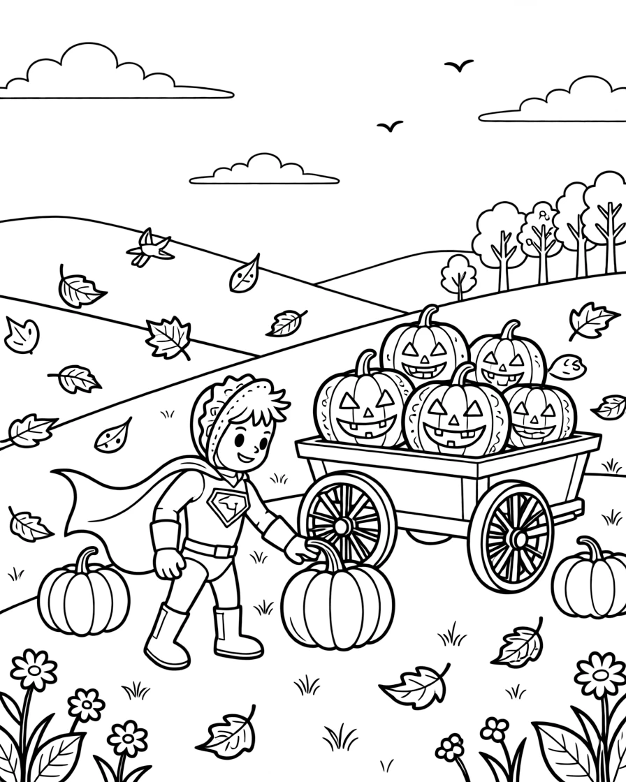 A cheerful taco superhero takes a break from adventures to try gathering pumpkins for a harvest festival float on an autumn hillside covered in falling leaves, with a wagon overflowing with glowing pumpkins close behind. Giggles echo happily through the whole valley.