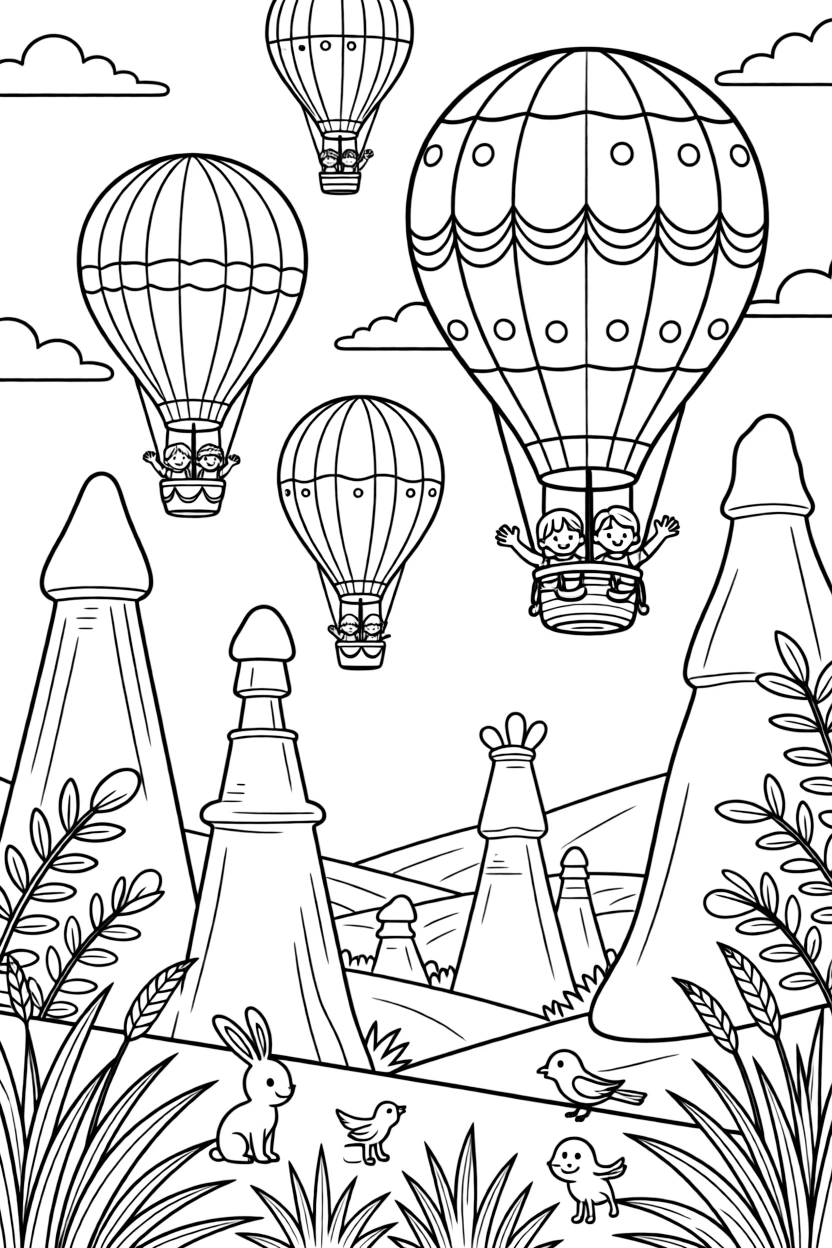 A coloring page spotlighting hot air balloons drifting above a valley of unusual rock towers in Turkey, framed by leafy branches, tall grass, and a few playful smaller creatures nearby.