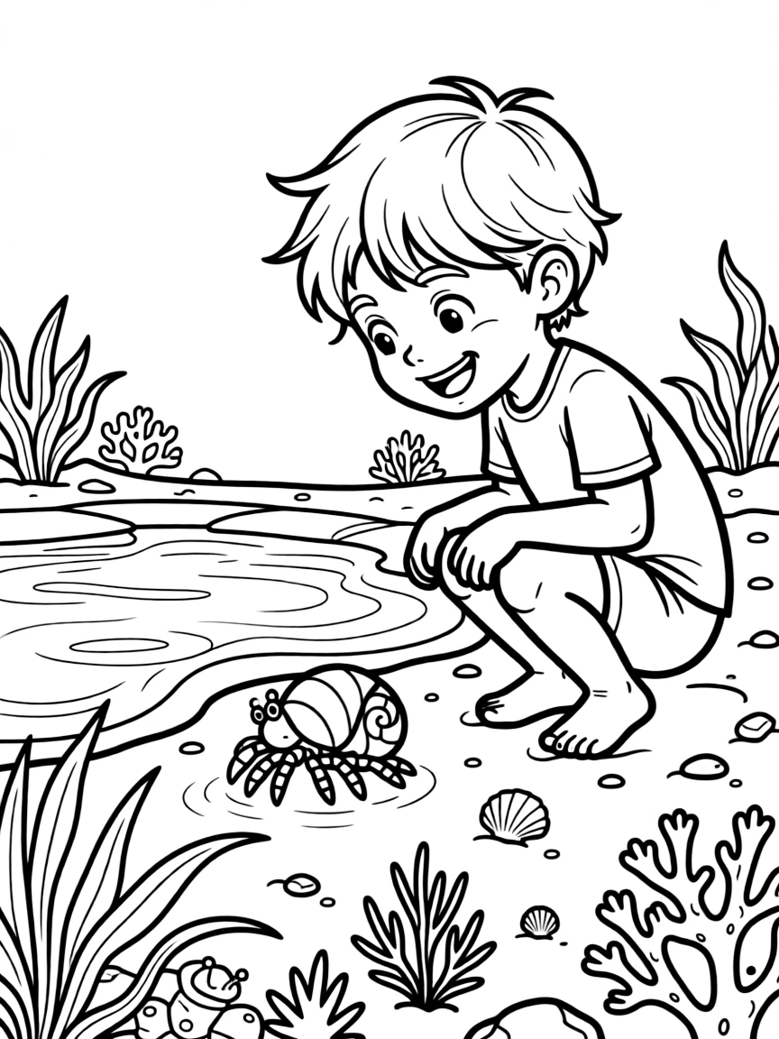 a giggling little boy watches a hermit crab choose a new shell home at a tide pool.