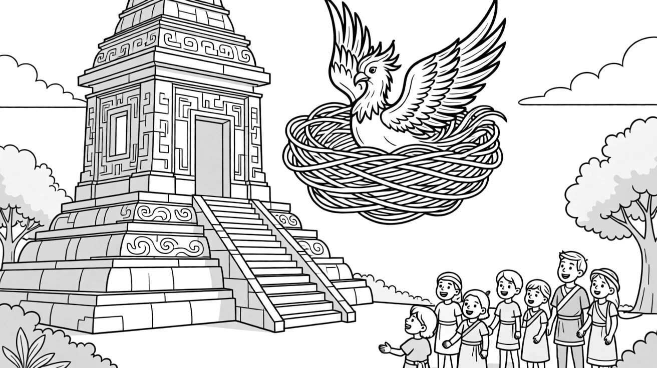 A phoenix nest atop an ancient temple glows brighter each night, villagers below gathering to watch the magical light show.