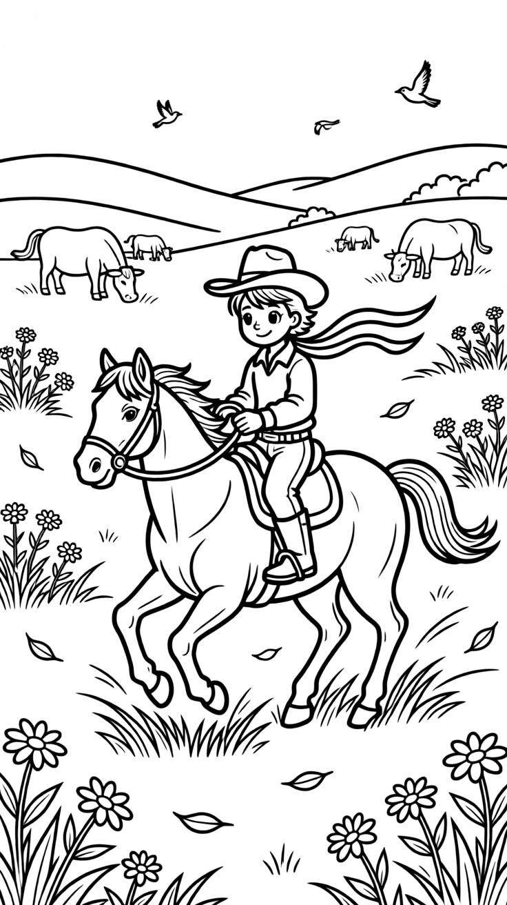 [Cowboys] a young cowboy riding a horse galloping across an open prairie on a wide-open prairie. In the background, cattle graze peacefully nearby, adding extra fun to explore. A wide-brimmed hat shades the rider's face. It all happens on a crisp autumn afternoon, with a light breeze blowing.