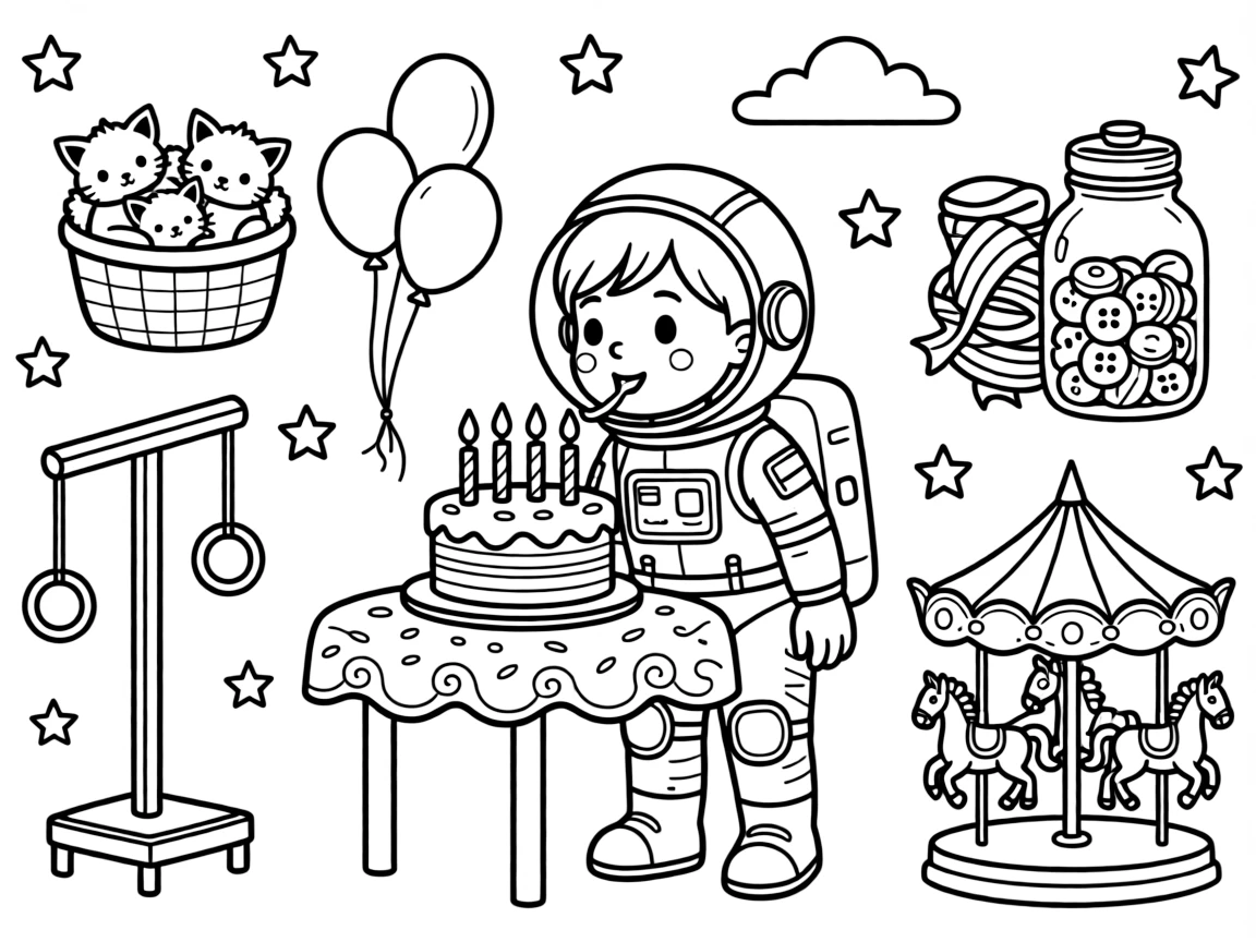 A girl astronaut in a shiny space suit is blowing out candles on a beautifully frosted cake at a county fair with games and rides. In the background, a basket of sleepy kittens curled together and a jar of colorful buttons and ribbons add a sprinkle of wonder to the moment.
