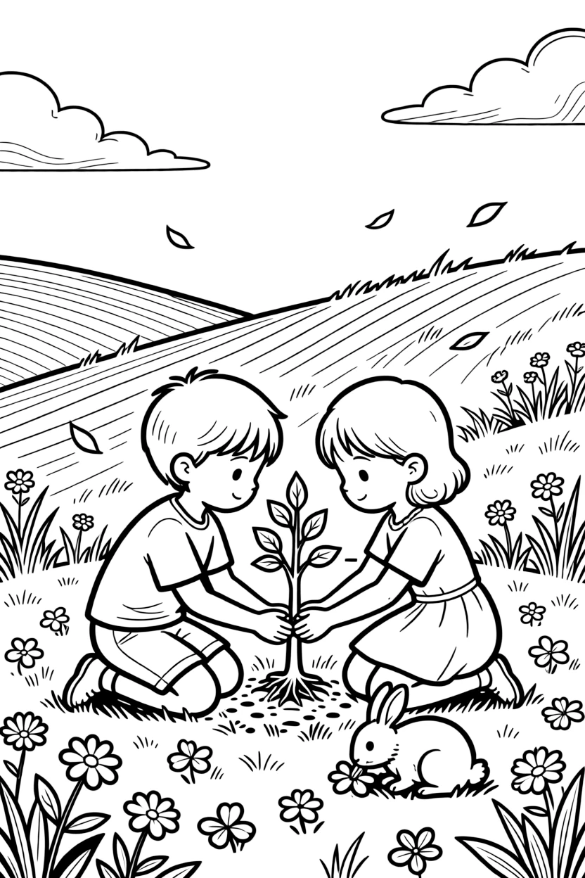 A close-up of children planting a young tree together on a rolling hillside beneath a wide open sky, surrounded by a rabbit nibbling on clover and a gentle breeze scattering flower petals.