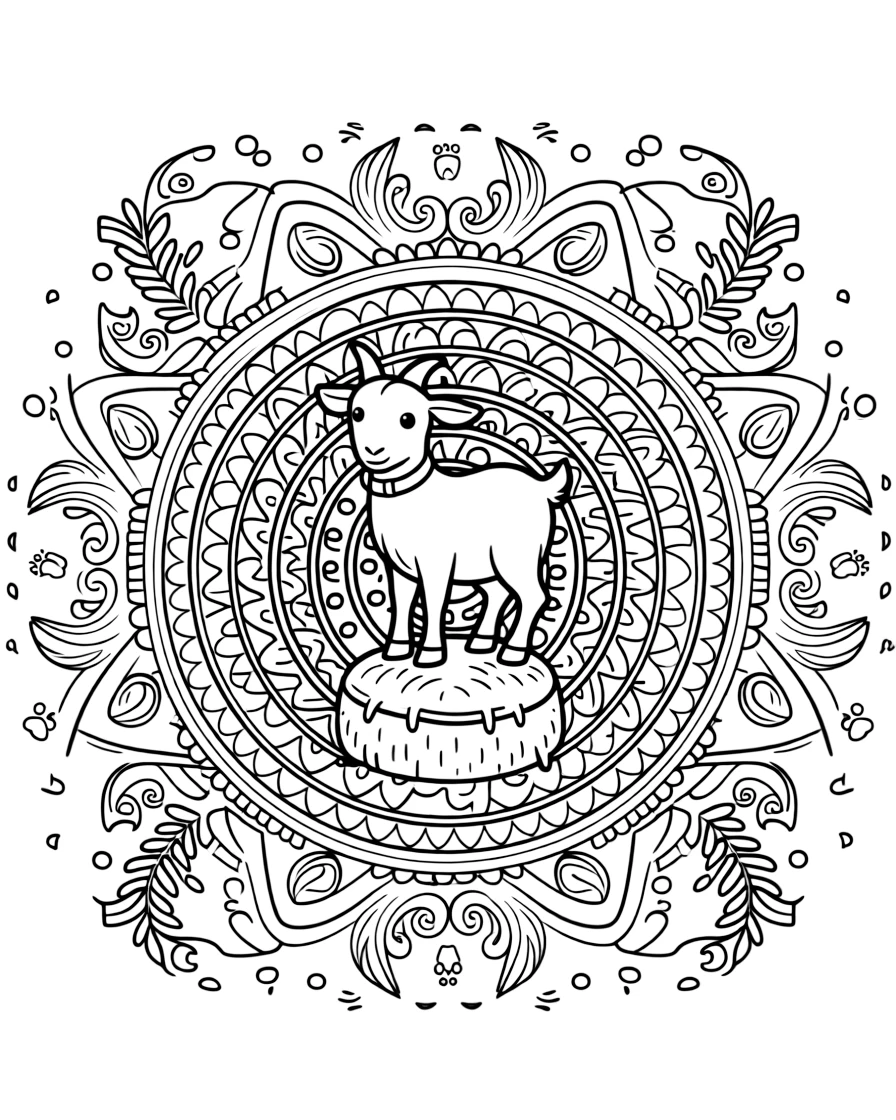 Farm Animals: The main subject is a goat balanced on a small hay bale, drawn as the focal point of a spiral mandala that winds gently from center to edge. It is centered on the page, anchoring a design that expands outward in smooth, even waves. Decorative details fill the surrounding space, including curling paisley teardrops, curling fern-frond shapes, and ribbons folded into gentle zigzags woven throughout the background. A playful extra touch completes the page: a trail of small paw prints wandering along the outer edge.