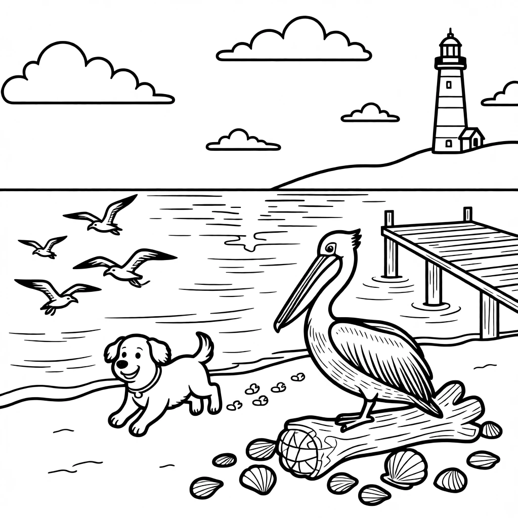 [Sandy Beaches] A little dog chases seagulls along the shore, leaving a trail of paw prints in the wet sand. A pelican perches on a weathered piece of driftwood near a cluster of seashells. A wooden pier stretches out over the water, with a lighthouse visible in the distance. The sun sparkles across the gentle waves beneath a sky dotted with fluffy clouds.