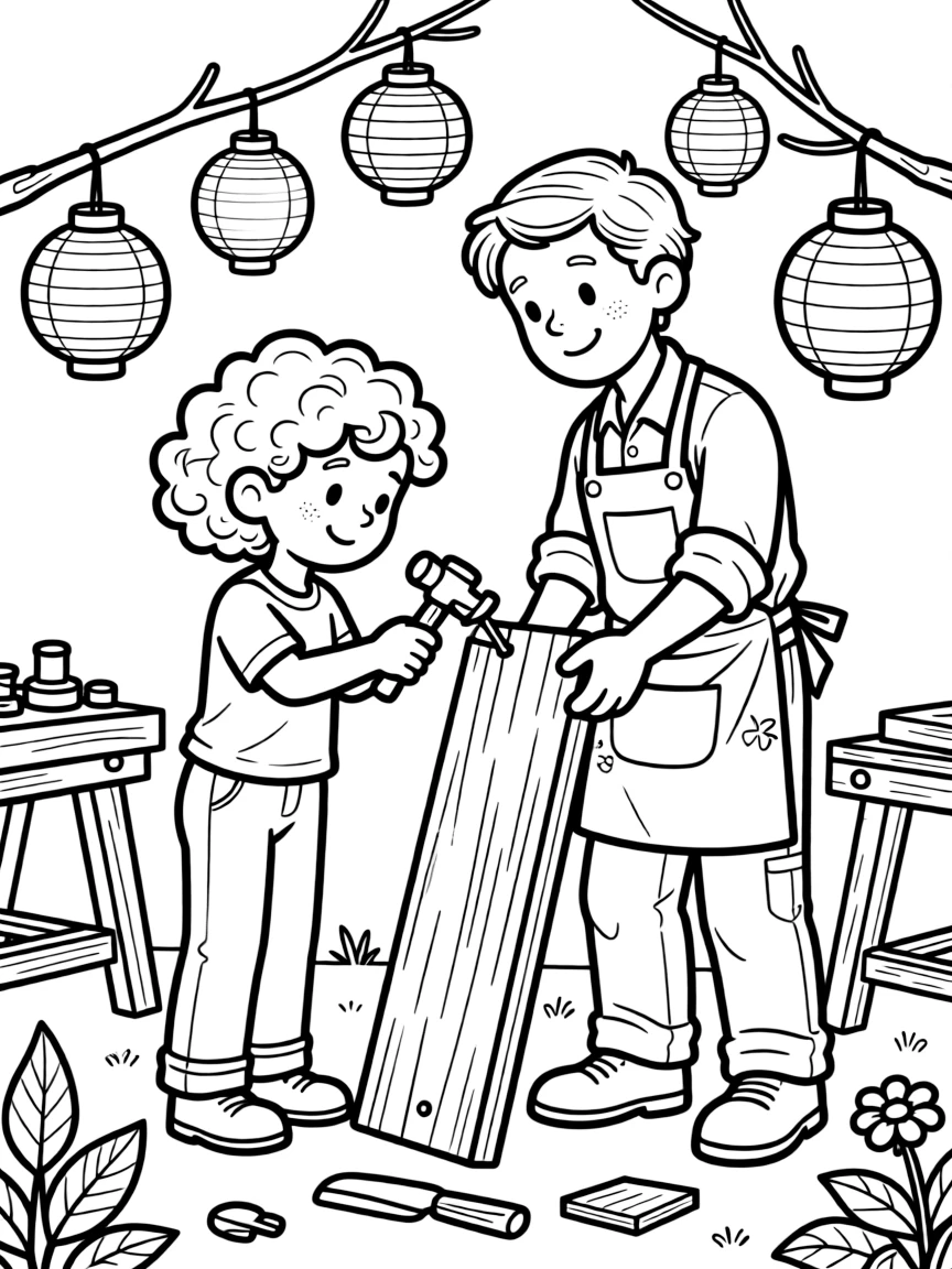 A curly-haired girl hammering a small nail with a carpenter with paper lanterns swaying gently.