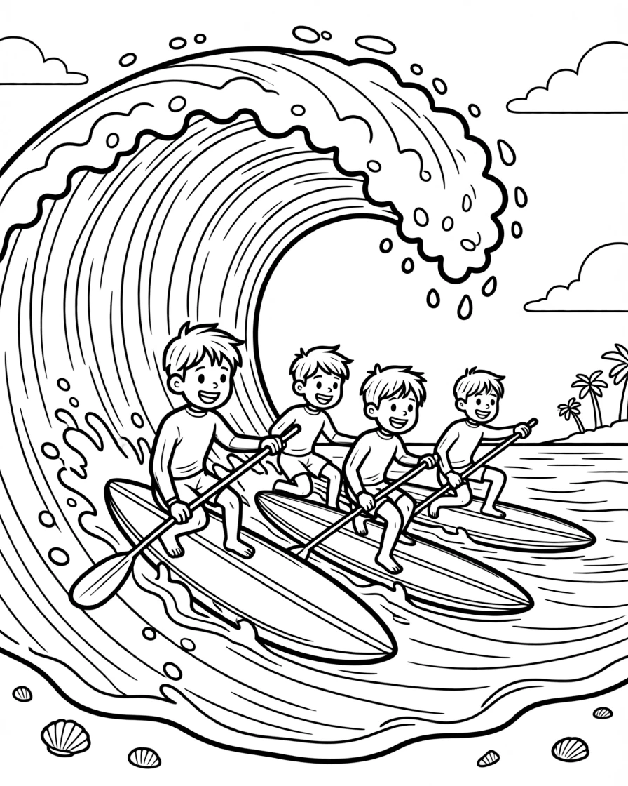 A group of classmates, ducking under a breaking wave while paddling out past the surf.