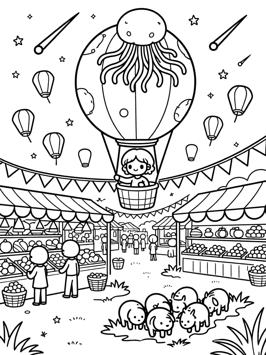 Nimbu, an alien with a glowing jellyfish crown steering a hot-air balloon shaped like a planet through a meteor shower, in a festival square decorated with banners and floating lanterns, with a busy market stall selling glowing fruit and a herd of gentle six-legged alien creatures grazing nearby nearby.