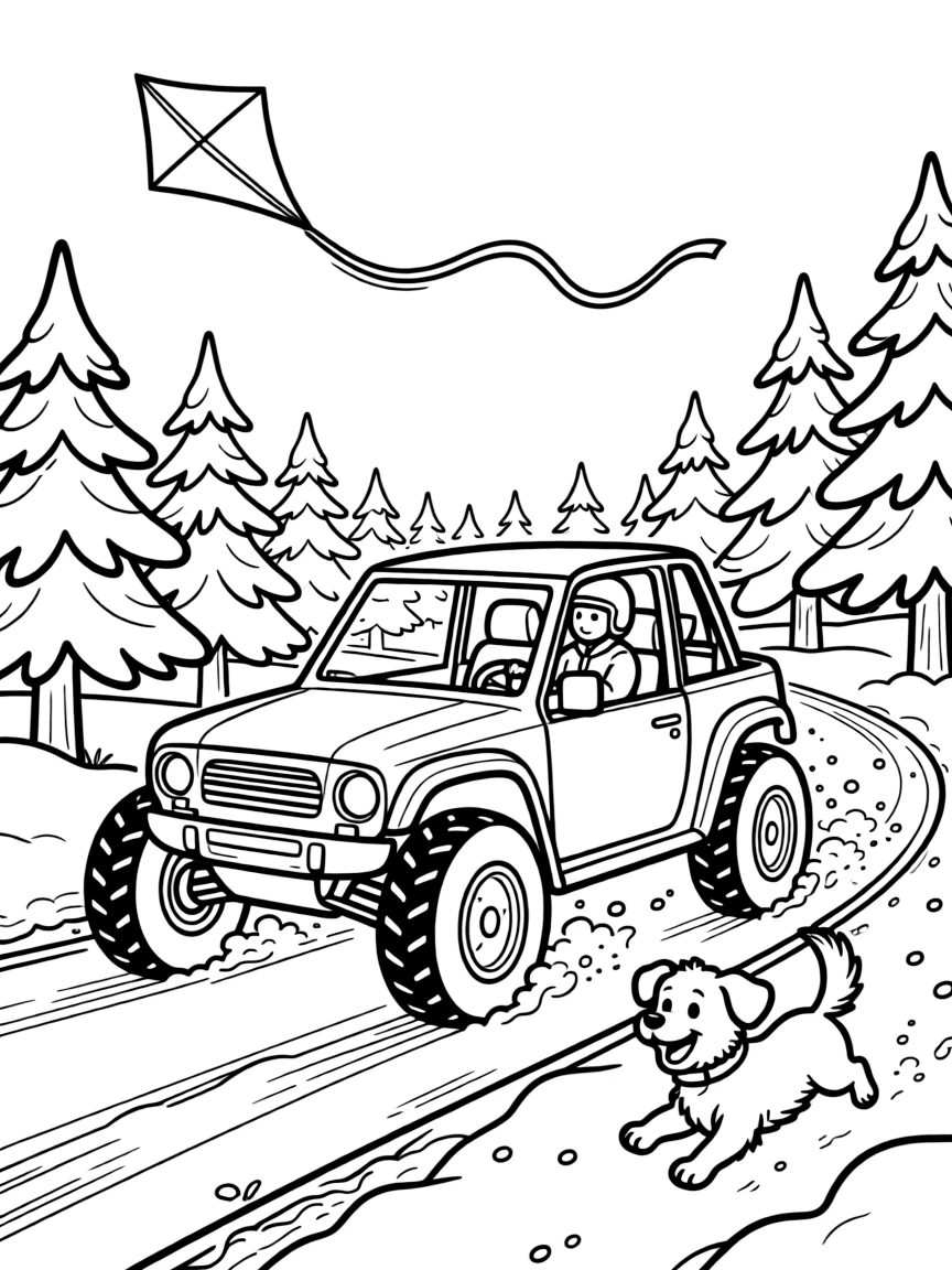 A dune buggy kicking up trails of sand takes center stage in a snowy mountain pass with pine trees dusted in white, where an excited puppy chasing along the road can be seen nearby, surrounded by a kite dancing in the breeze above.