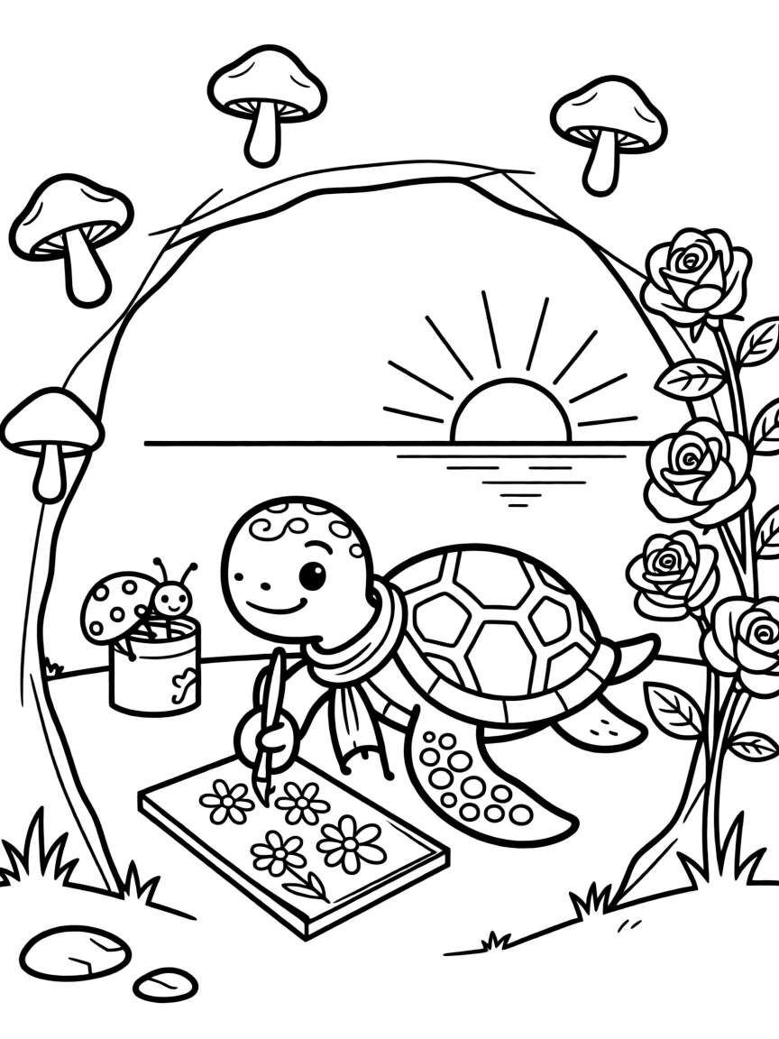 A sea turtle in a cave glowing with mushrooms, painting flowers with a ladybug, next to a rose bush, as the sun sets in soft colors.
