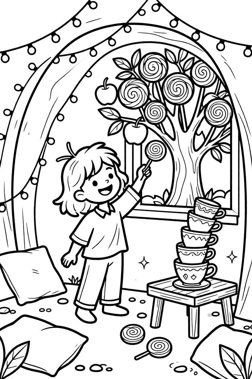 In a cozy burrow decorated with fairy lights, a bright-eyed moth lantern keeper discovers the joy of picking apples from a tree that grows lollipops, while a wobbly tower of stacked teacups watches happily nearby. It's shaping up to be the happiest day in the whole kingdom.
