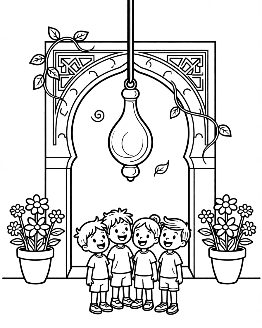A coloring page showing a blue glass nazar amulet hanging above a doorway in Turkey, admired by a group of delighted children gathered close by.