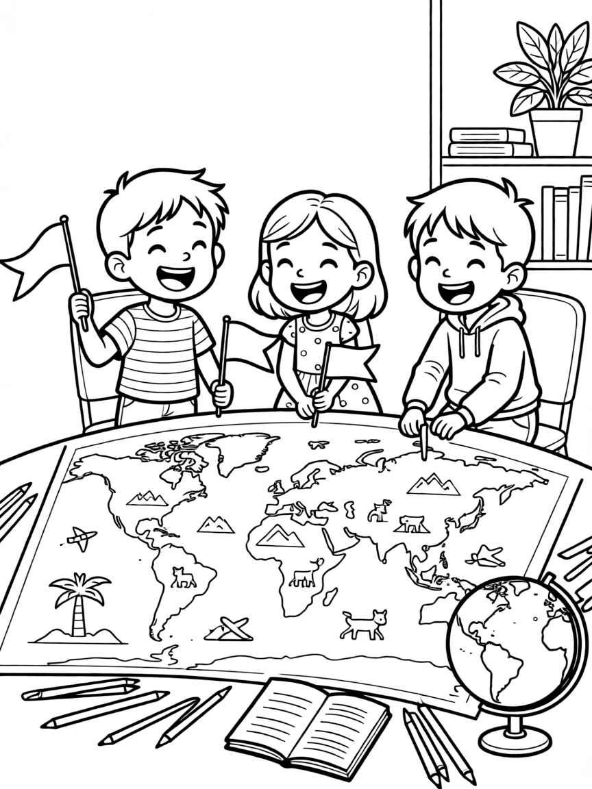a giggling group of three kids plants little flags on a world map to mark countries visited on family trips.