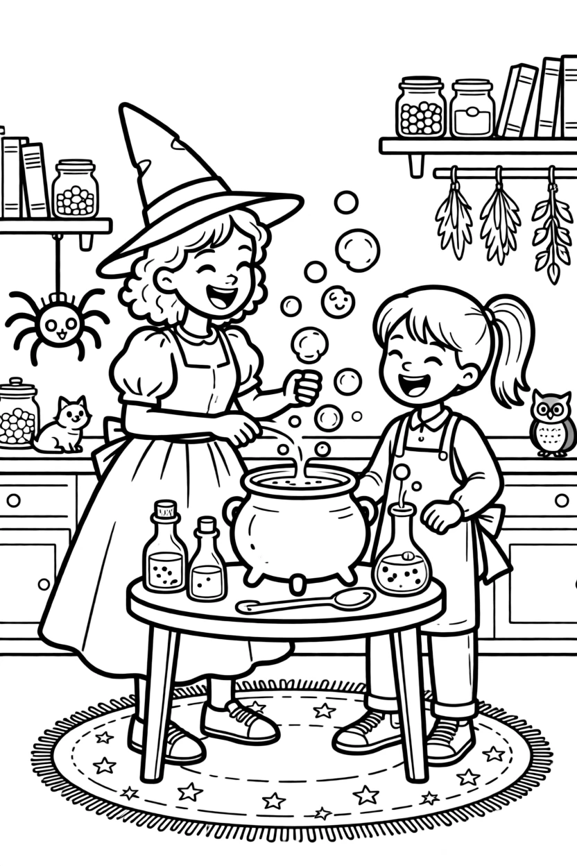 A witch and a young apprentice brew a batch of laughter potion, giggling uncontrollably as bubbles pop around the kitchen.