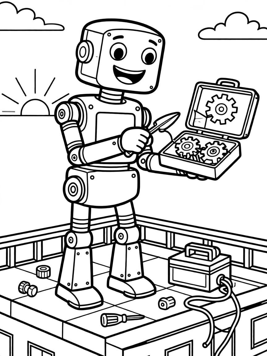[Robots] a tall walking robot helper fixing a gadget with tiny tools atop a skyscraper rooftop, laughing joyfully. Nearby, gears and wires poke out from an open panel. Its metal joints show simple hinge lines. The scene is captured at sunrise, under clear blue skies, giving the page a lively and adventurous feel that invites plenty of colorful detail.