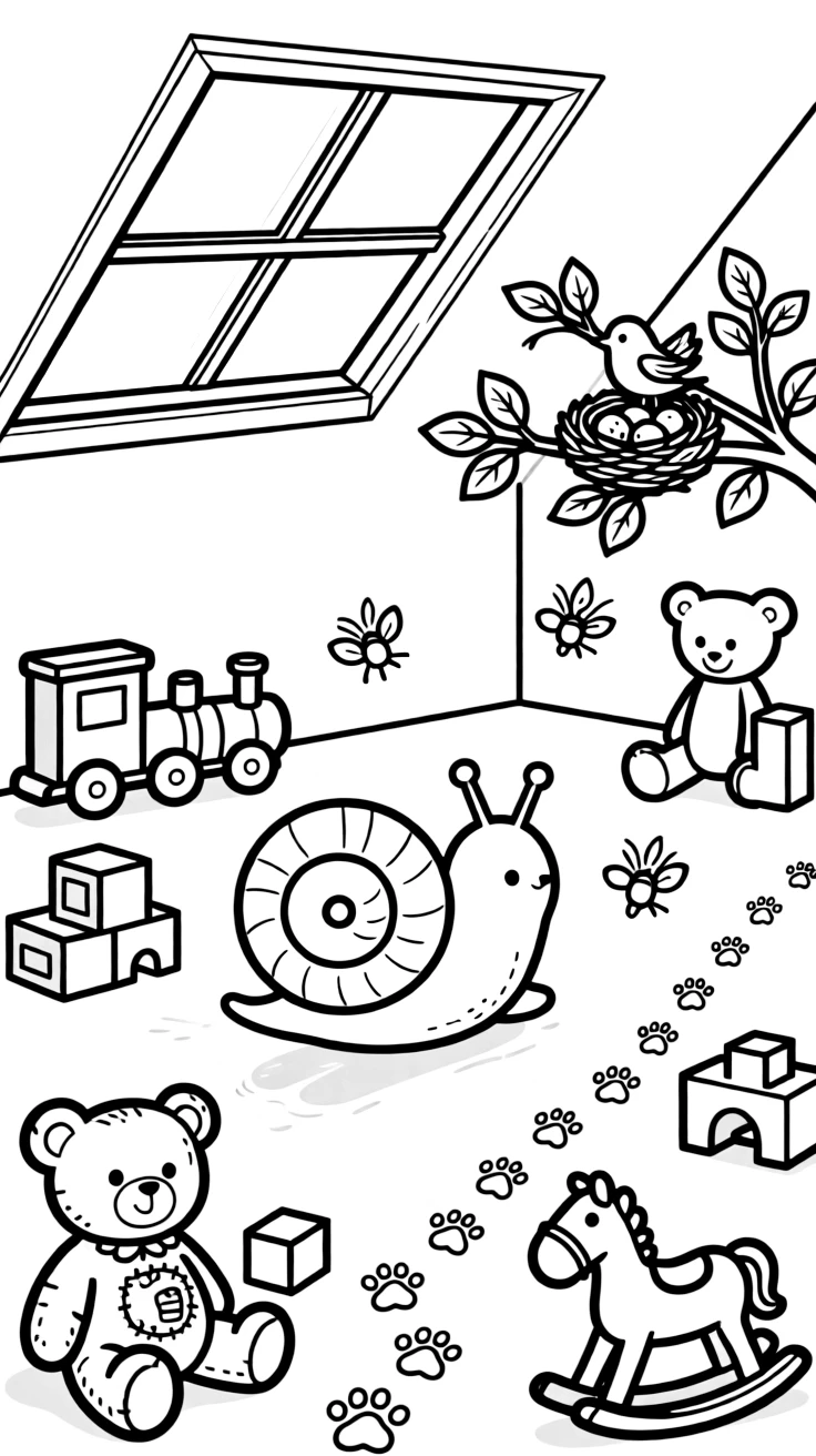 A snail with a spiral shell is chasing fireflies just as the sky turns purple inside a cozy attic playroom full of old toys. Scattered nearby, a tiny bird's nest tucked in a nearby branch and a trail of tiny paw prints leading away bring the scene to life.