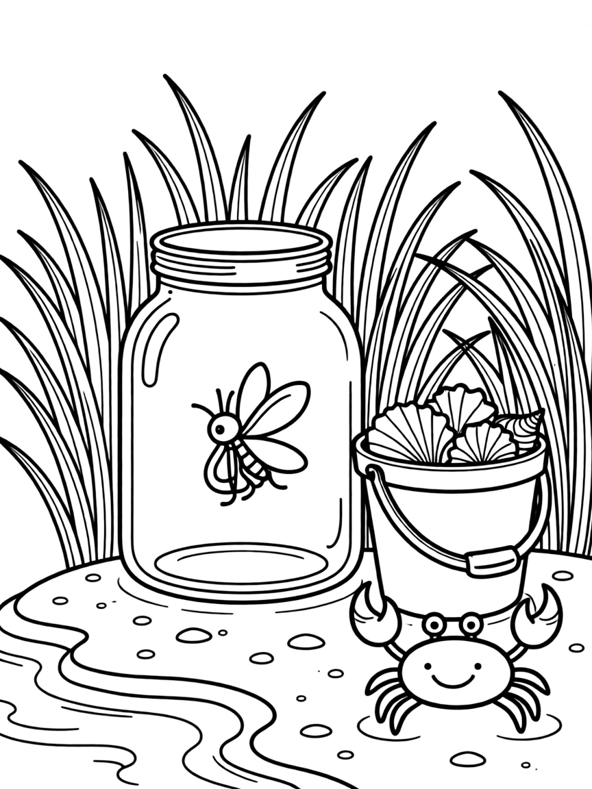 A close-up of a jar glowing softly with a captured firefly by a sparkling lake surrounded by tall grass, surrounded by a seashell collection in a bucket and a friendly crab scuttling in the sand.