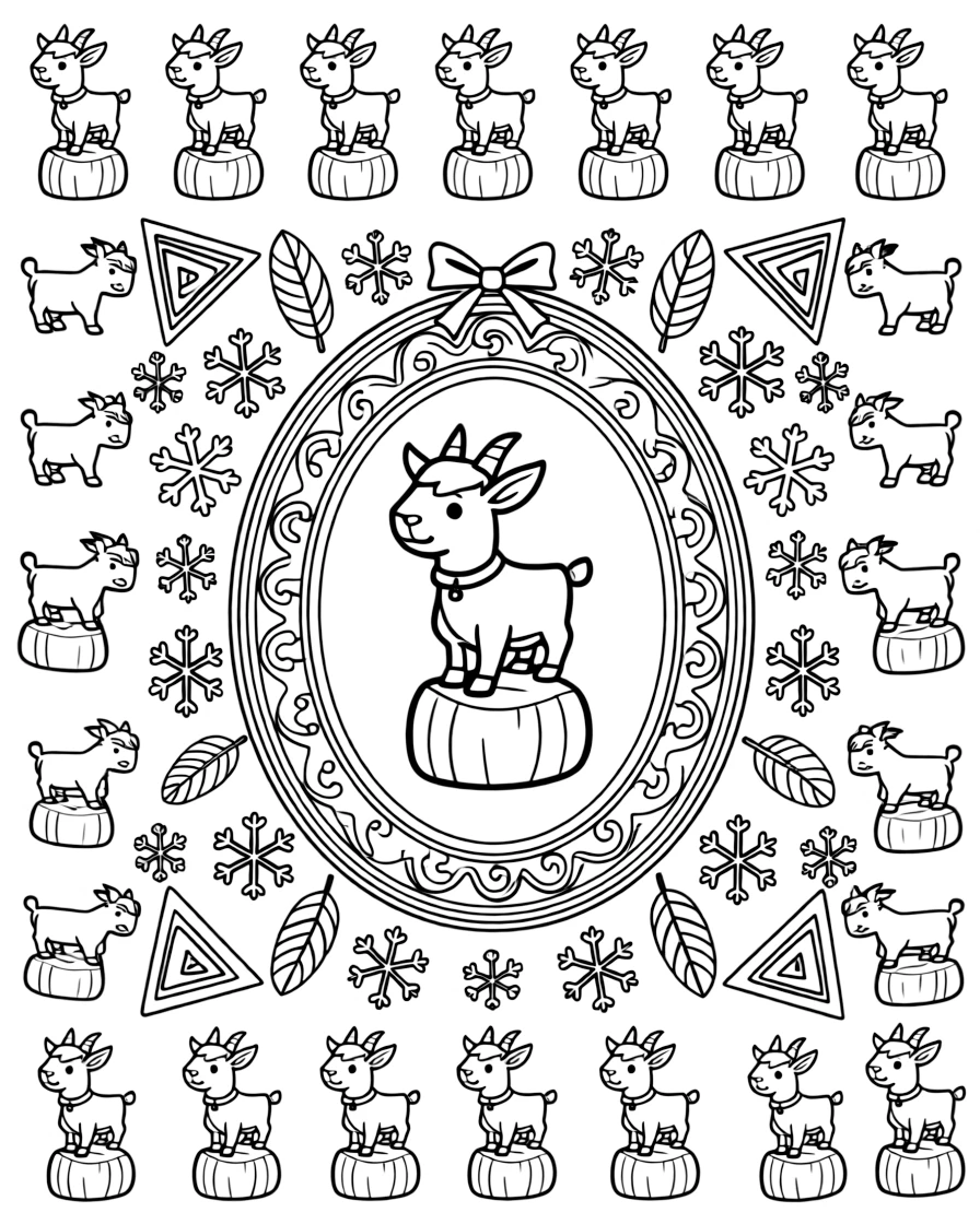 Farm Animals: The page centers on a repeating motif of a goat balanced on a small hay bale, built around an oval medallion mandala framed by a double border. The motif is lined up along the top and bottom edges, mirrored by a matching row along the left and right sides. Decorative details fill the surrounding space, including nested triangle shapes, fanned feather plumes, and six-point snowflake shapes woven throughout the background. A playful extra touch completes the page: a small ribbon bow tied neatly at the top of the design.