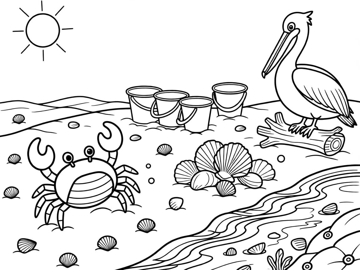 [Sandy Beaches] A friendly crab scuttles sideways across the sand, dodging a row of colorful beach buckets. A pelican perches on a weathered piece of driftwood near a cluster of seashells. Rolling waves crash near a cluster of smooth rocks dotted with barnacles and tide pools. A warm breeze carries the scent of salt water beneath a bright midday sun.
