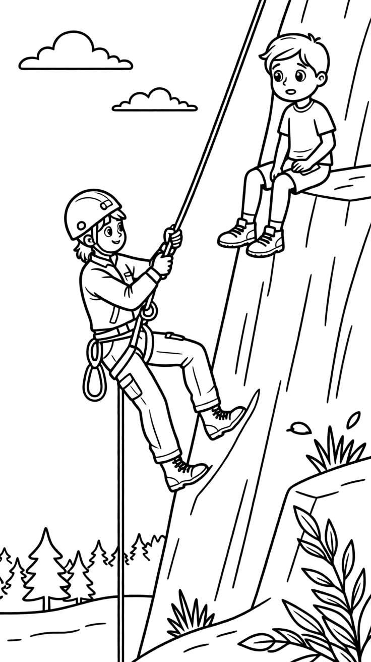 A search and rescue worker rappels down a cliffside to help a stranded hiker.