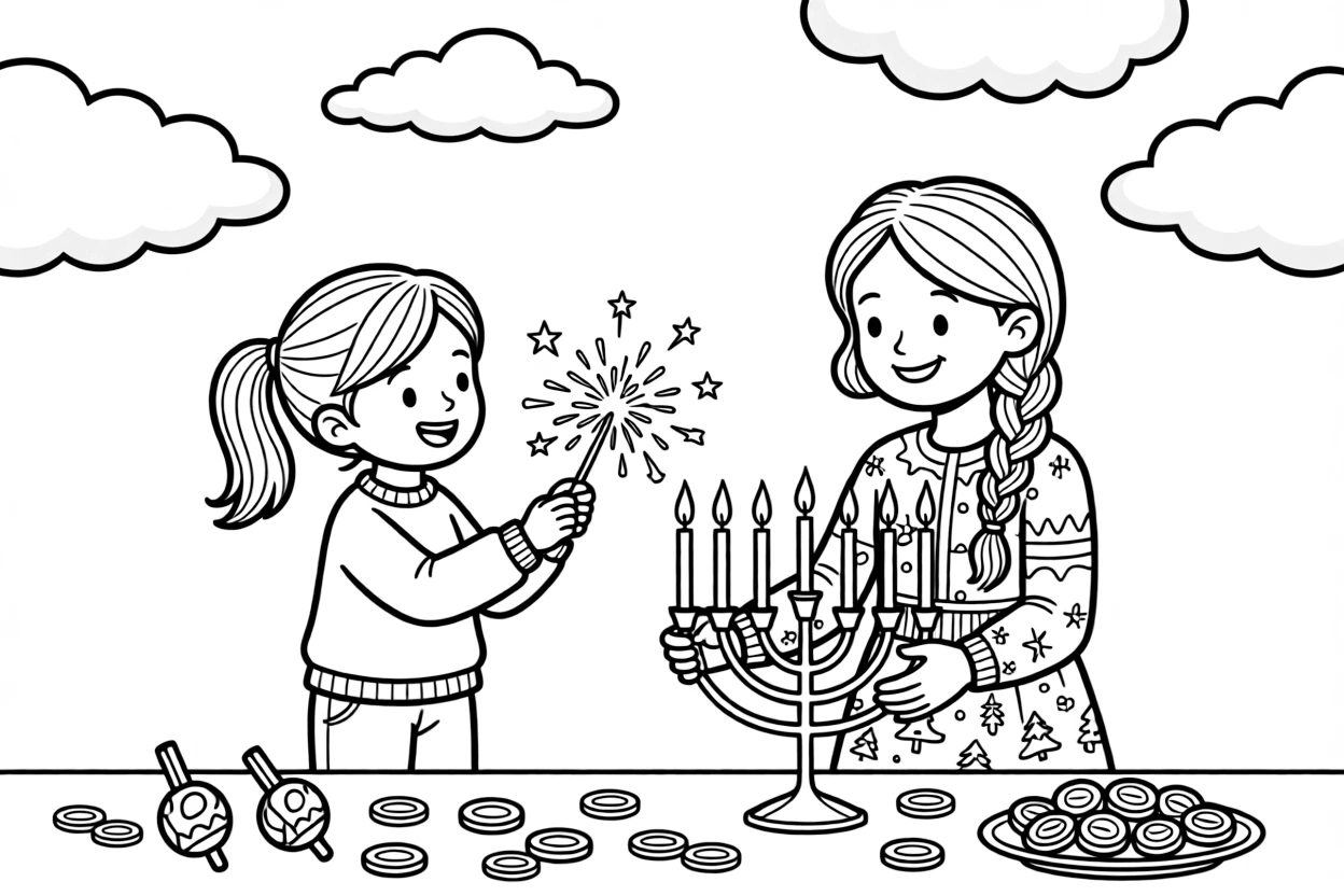 An older sister lighting a sparkler during a Hanukkah candle lighting with a big sister while fluffy clouds drift by.