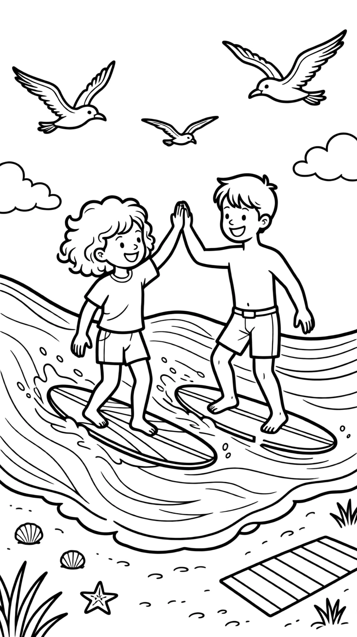 A little girl with curly hair, high-fiving another surfer after both catch the same wave side by side.